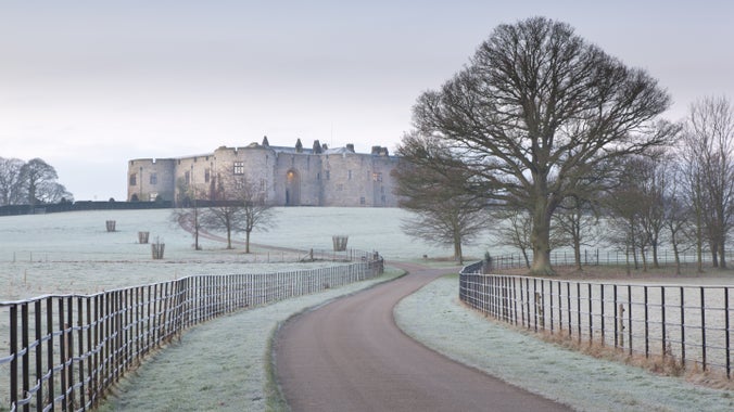 View of Chirk Castle’s north front on a frosty day in Wales.